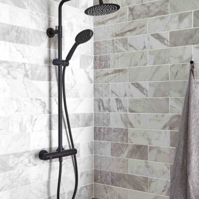NERO ROUND THERMOSTATIC EXPOSED BAR SHOWER WITH OVERHEAD DRENCHER AND SLIDING HANDSET