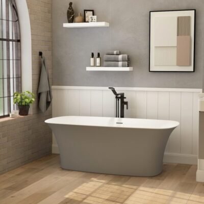 1700mm Blade freestanding bath with matt grey exterior, including white dome clicker bath waste